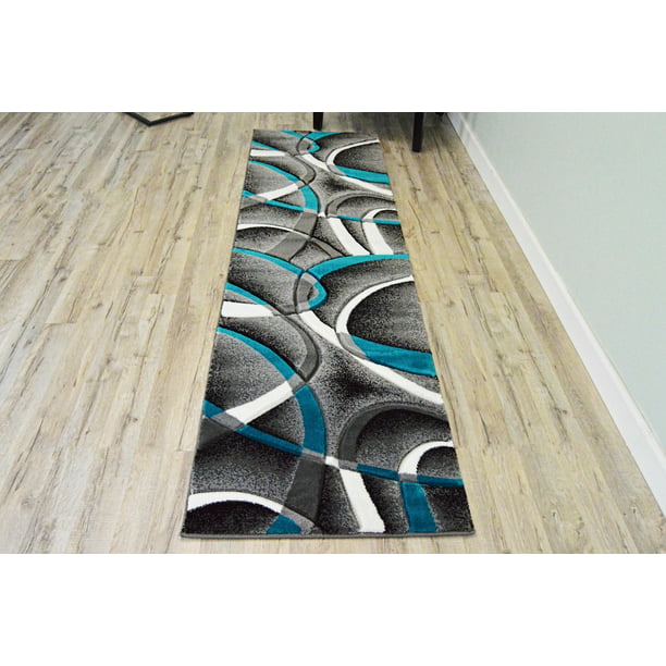 2305 Turquoise White Swirlss 2'2 x 7'4 Runner Modern Abstract Area Rug Carpet 